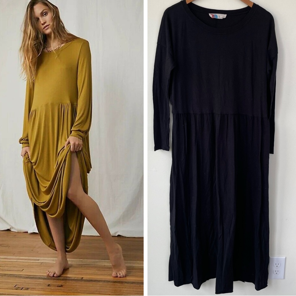 Free People Beach Cameron Oversized Long Sleeve Maxi Dress Black XS Jersey Knit